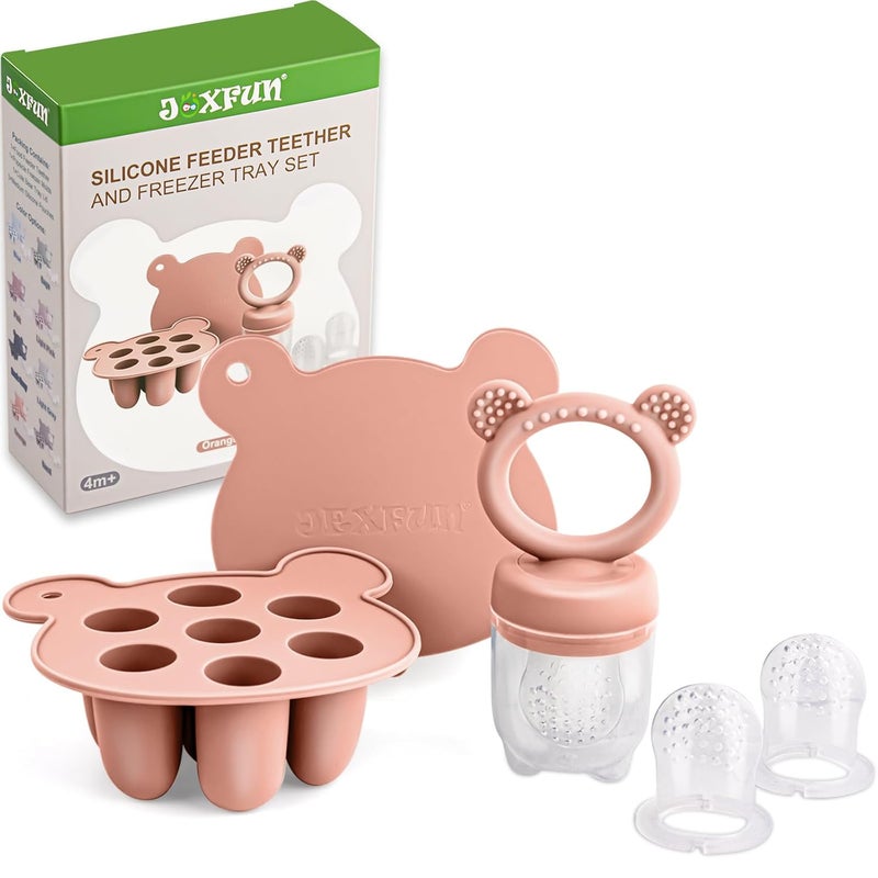 JEXFUN Baby Breastmilk Popsicle Molds & Baby Fruit Food Feeder Pacifier Combo, BPA Free Silicone Nibble Freezer Tray Storage Containers Teething Toys for Safe Infant Self Feeding, 4 Month+(Orange) - Image 1